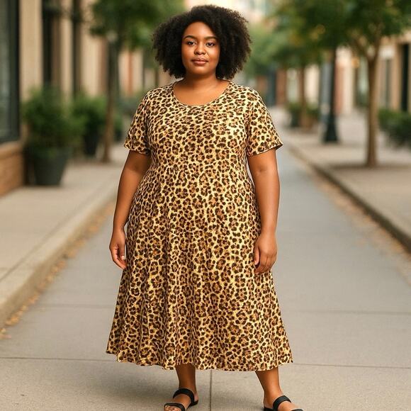DB Moon Leopard Print Dress 2X Pockets‎ Boho Casual Retro Office Comfort Flirty - Picture 1 of 9